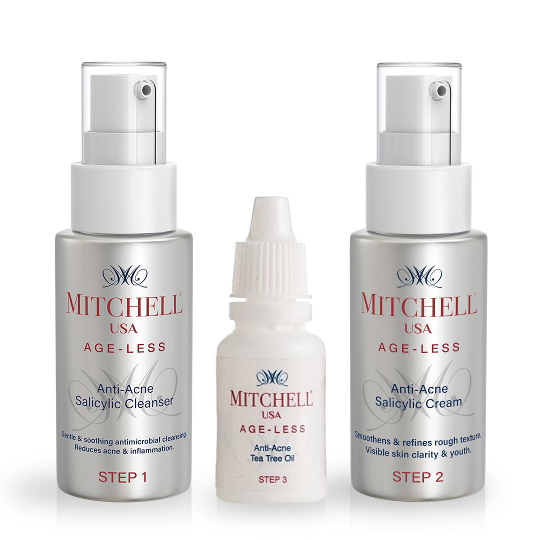 Salicylic Acid Cleanser, Anti-Acne Cream, and Tea Tree Oil for fresh skin