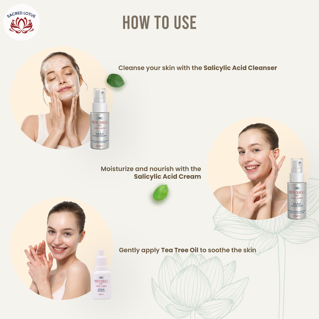 Lotus seed extracts skincare for acne and anti-aging. Comes with a cleanser, cream, and oil