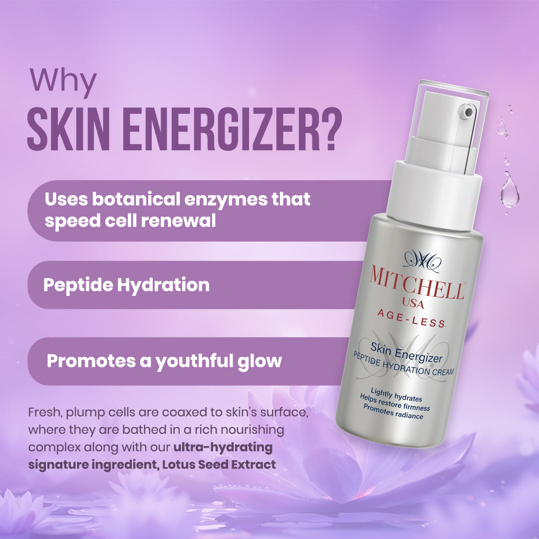 Experience the healthy glow and energized skin with Mitchell USA Age-less Skin Energizer, promotes youthful glow.