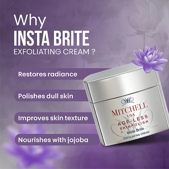 Achieve younger-looking skin with Mitchell USA Skin Polish Insta-Bright infused with Jojoba and Sacred Lotus seeds to brighten and improve skin texture.