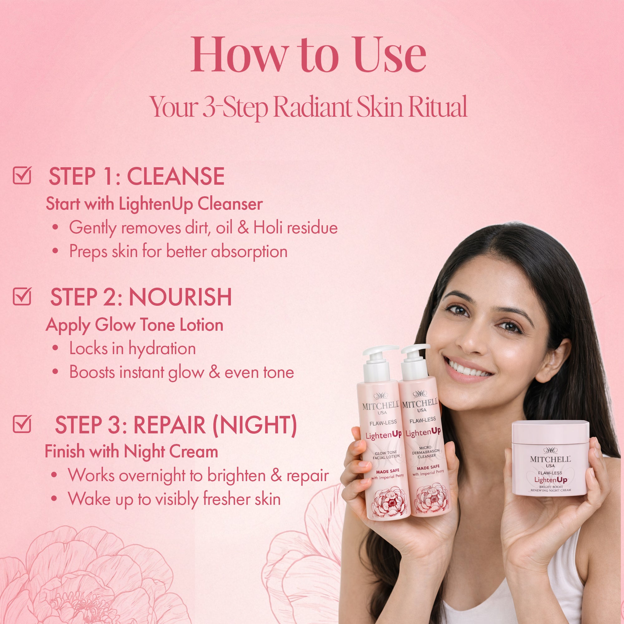 Exclusive Skincare Combo: Mitchell USA LightenUp Cleanser, Glow Tone Lotion, Night Cream - Radiant Skin Regimen